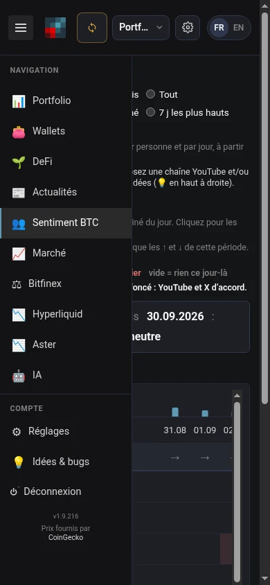 Phone menu split into Navigation and Compte, with Sentiment BTC, Hyperliquid and Aster under Navigation
