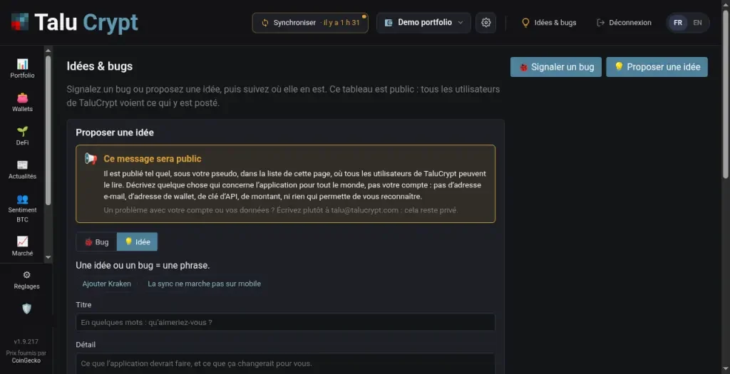 Formulaire Idées et bugs avec les exemples cliquables Ajouter Kraken et La sync ne marche pas sur mobile