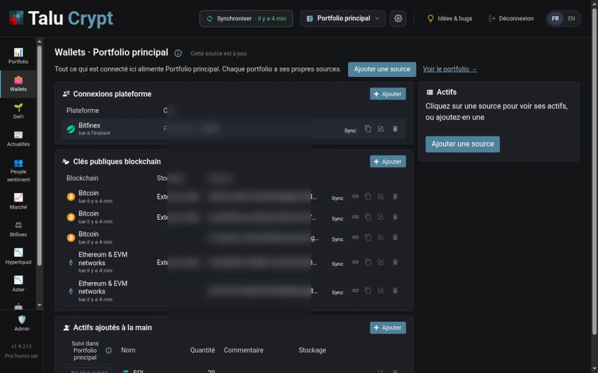 Wallets après une synchro : la source est à jour, et la colonne Actifs vide propose d'ajouter une source