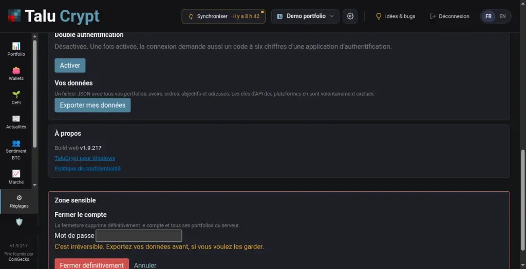 Réglages, Zone sensible, avec Fermer le compte et la confirmation irréversible