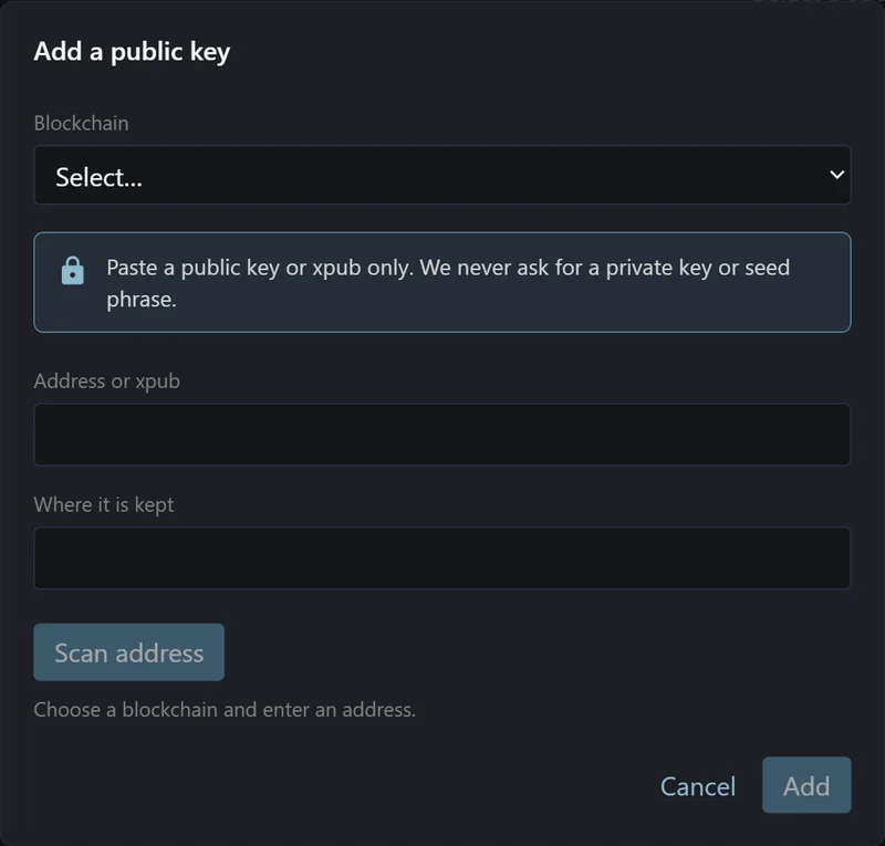 The Add a public key dialog: blockchain, address or xpub, where it is kept