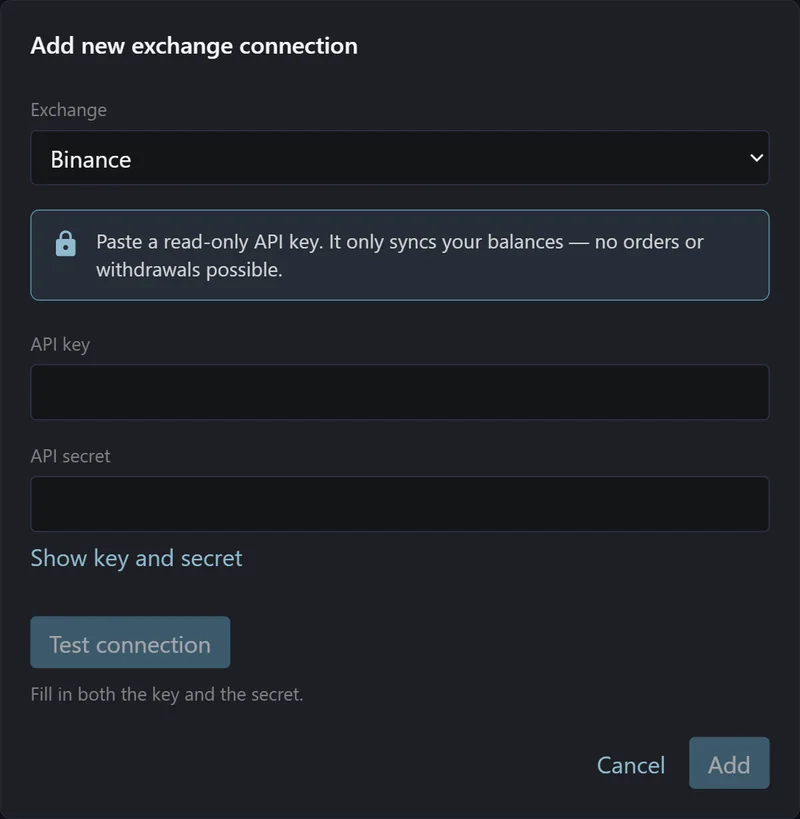 The Add new exchange connection dialog, asking for a read-only API key