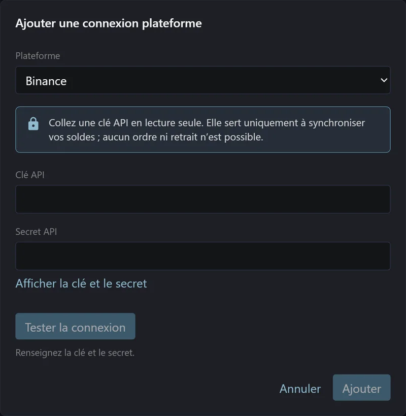 La fenêtre Ajouter une connexion plateforme, qui demande une clé API en lecture seule